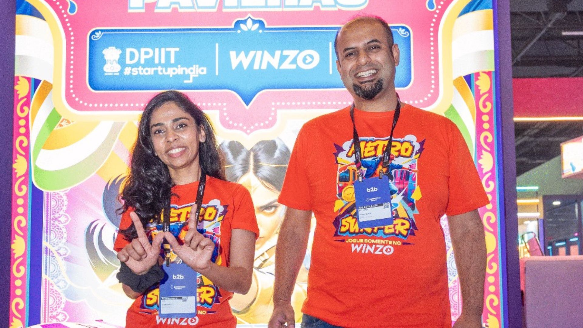 Saumya Singh Rathore e Paavan Nanda, cofundadores da WinZO, durante a Gamescom Latam de 2024. Foto: Divulgação