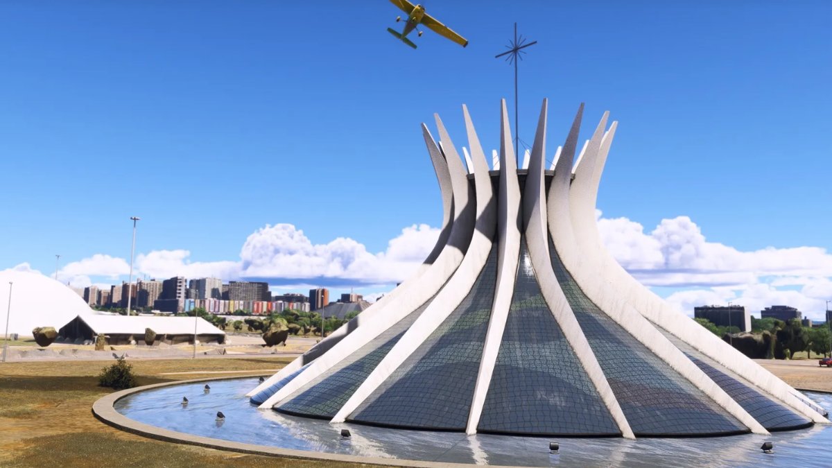 A Catedral Metropolitana de Brasília no Flight Simulator. Imagem: Reprodução, Microsoft