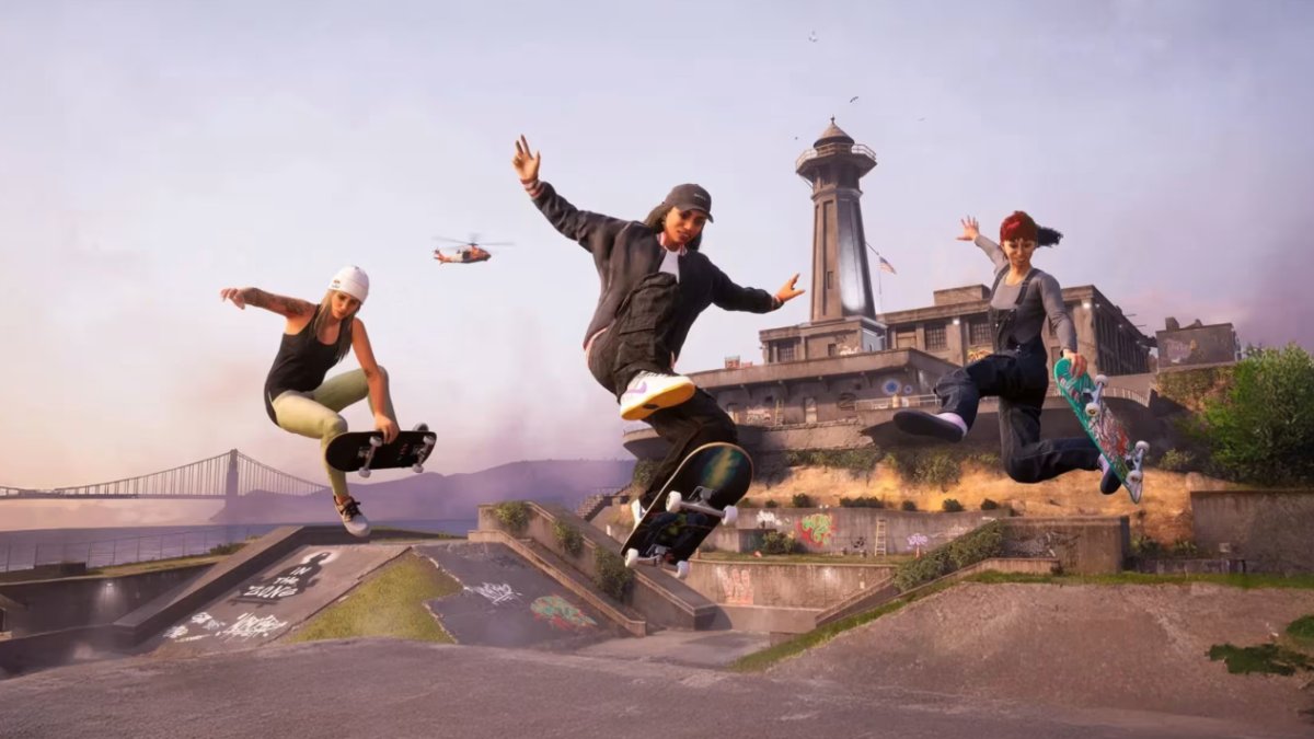 Rayssa Leal (ao centro) e Letícia Bufoni (fundo, à esquerda) em Tony Hawk's Pro Skater 3+4. Foto: Divulgação, Activision