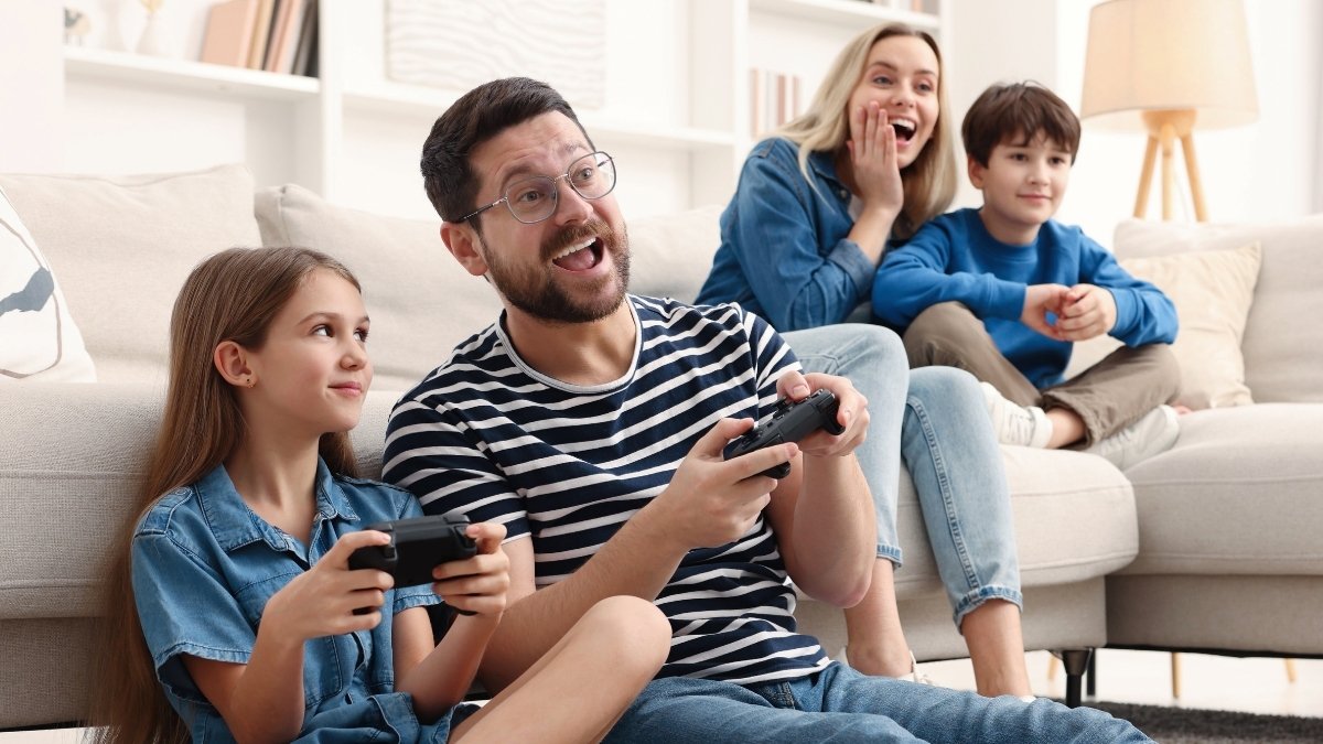 família, games, crianças, gerações, idades